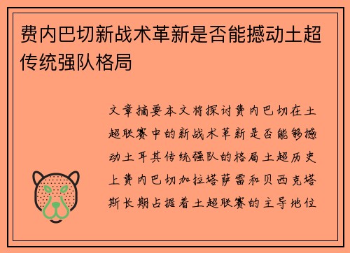 费内巴切新战术革新是否能撼动土超传统强队格局
